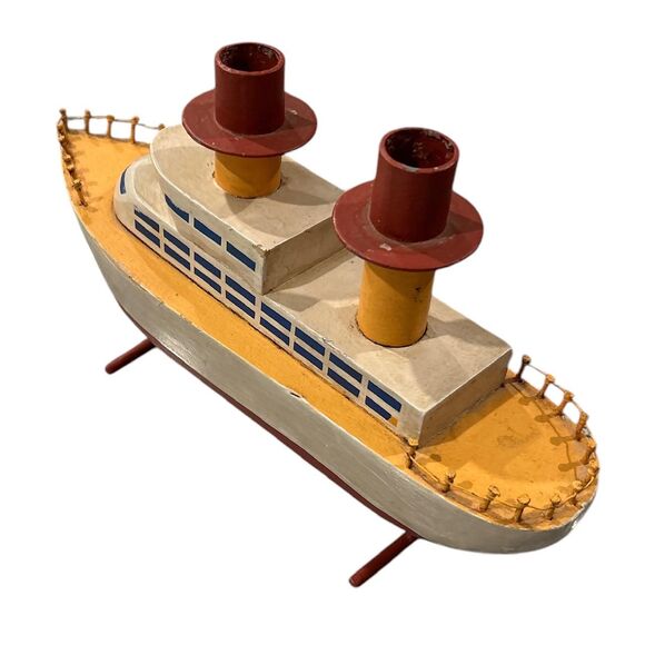 Yellow and White Wood and Metal Boat Decor with Candle Holders - Picture 2 of 7